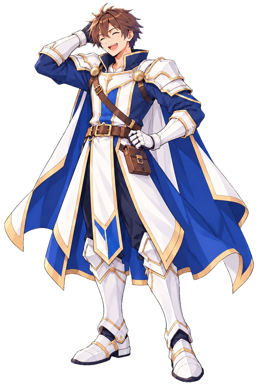 A cheerful male knight in ivory and navy armour with a blue cape